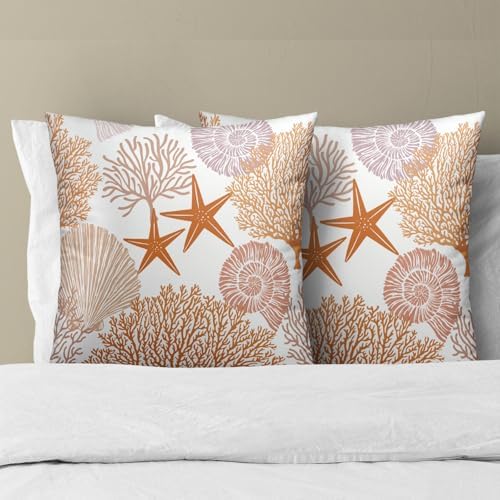 Summer Ocean Themed Nautical Coastal Throw Pillow Covers 24X24 Inches Set of 2 Orange Seashell Starfish Coral Pillowcase Soft Cotton Square Cushion Covers for Home Sofa Patio Bedroom Decoration - Image 3
