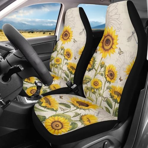 Sunflower Dragonfly Car Seat Covers Full Set of 2 Automobile Front Seat Covers Vehicle Accessories Carseat Seat Covers Cushion Pad Mat for SUV Trucks Chairs Vans Auto