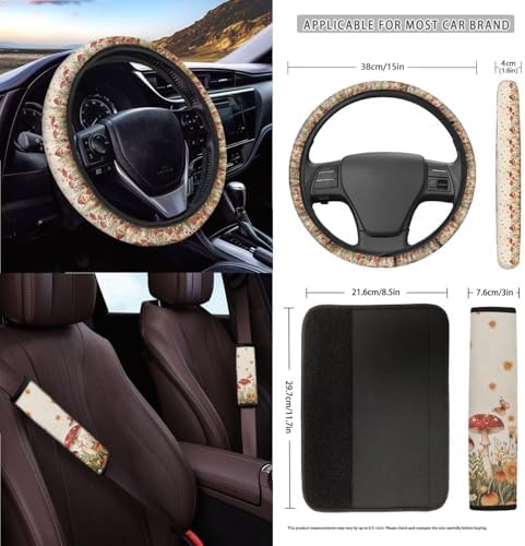 Cottagecore Mushroom Butterfly Daisy Car Seat Covers 15Pcs Full Set Car Steering Wheel Cover Seat Belt Cover Trash Bin Air Vent Storage Box Rear View Mirror Car Cup Holder Keychain