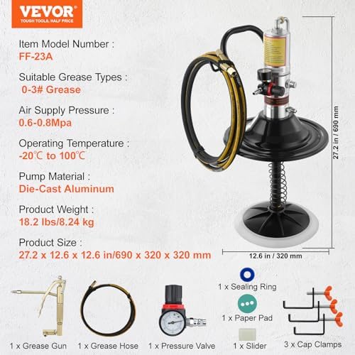VEVOR Grease Pump, Air Operated Grease Pump with 13 ft High Pressure Hose and Grease Gun, Pneumatic Grease Pump with Barrel Cap, Portable Lubrication Grease Pump 360° Gun Head - Image 7