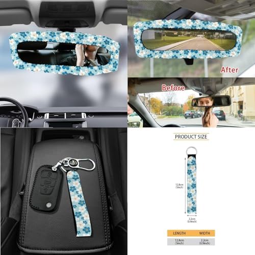 White Blue Cherry Blossom Pattern Car Seat Covers 15Pcs Full Set Car Steering Wheel Cover Seat Belt Cover Trash Bin Air Vent Storage Box Rear View Mirror Car Cup Holder Keychain