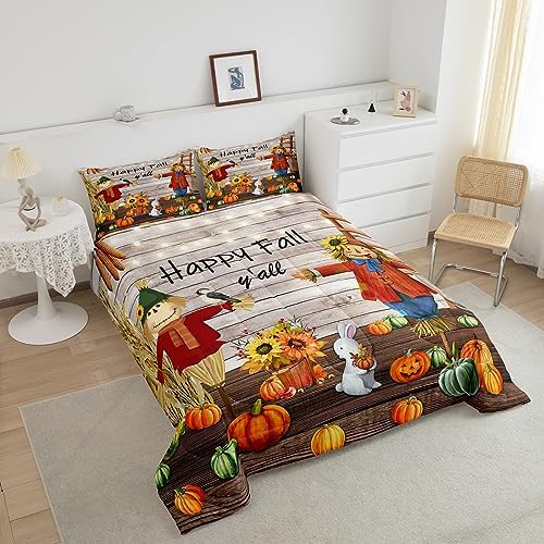 Homewish Happy Fall Y'all Comforter Set Twin Size Pumpkin Sunflower and Rabbit Bedding Set Rustic Farmhouse Wooden Door Quilt Set for Kids Boys Girls Room Decor Nature Animal Plants Duvet Insert 2Pcs - Image 3