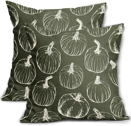 Olive Green Fall Pumpkin Pillow Covers 18x18 Set of 2 Autumn Themed Thanksgiving Cream Print Decorative Throw Pillows Outdoor PillowCase Farmhouse Linen Cushion Case Decor for Home Sofa Couch Bed by Aytipun