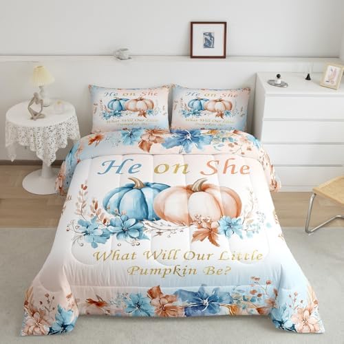 Erosebridal Pumpkins Eucalyptus Leaves Kids Bedding | Fall Twin Comforter Sets,Autumn Thanksgiving Comforter Blue Pumpkin Decor Duvet Insert with 1 Pillow Case - Image 2