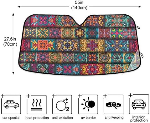 Boho Ethnic Car Windshield Sun Shade Bohemian Stripes Colorful Mandala Flower Foldable UV Ray Sun Visor Protector Sunshade to Keep Your Vehicle Cool (55" x 27.6")