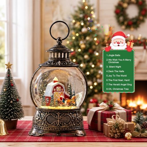 Christmas Snow Globes Christmas Water Lantern with Carriage Red barn Farm Scene Music & 6H Timer USB Lined/Battery Operated Lighted Lanterns for Xmas Festival Decoration - Image 4