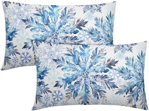 Christmas Pillow Covers 12x20 Set of 2 Decorations Blue White Snowflakes Throw Pillow Covers Decorative Vintage Winter Pillow Case Farmhouse Rustic Pillowcases Cozy Soft for Sofa Bed Chair Home Decor by Trongr