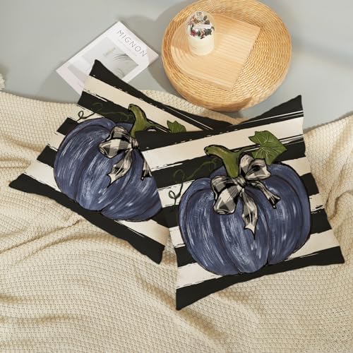 Fall Pillow Covers 18x18 Set of 2 Dark Blue Pumpkin Buffalo Plaid Fall Decor Pillowcase Autumn Thanksgiving Decorative Outdoor Throw Pillow Covers Linen Farmhouse Cushion Case for Couch Home - Image 5