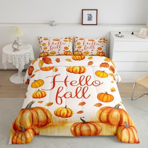 Erosebridal Fall Pumpkin Decor Bedding Set for Youth Teens Bedroom Autumn Harvest Theme Comforter Set, Kids Hello Fall Bedding Comforter Sets Autumn Leaves Quilt Rustic Decorations, King Size - Image 2