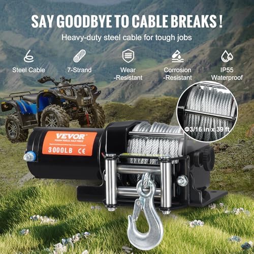VEVOR ATV Winch, 3000 lb Electric Winch, 12V Small ATV UTV Winch with 3/16 in x 39 ft Steel Cable Roller Fairlead Wired Remote Control, IP55 Waterproof for Towing UTV ATV Car Vehicle Off-Road - Image 4