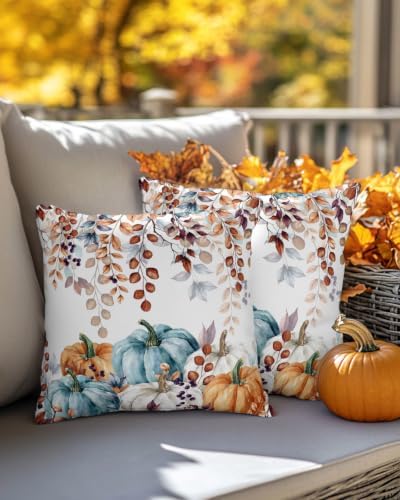 Thanksgiving Pumpkin Pillow Covers 18x18 Inch Set of 2, Eucalyptus Leaves Fall Decorations Indoor Outdoor Throw Pillow Covers, Orange Blue Linen Pillowcases for Patio Sofa Couch Bedroom Decorative - Image 4