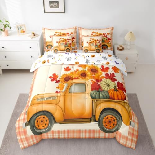 Thanksgiving Pumpkin Queen Comforter Set 7 Pieces Bed in a Bag Maple Leaves Truck Sunflower Bedding Comforter Sets,Autumn Decor Farmhouse Fall Decor Comforter with Fitted Sheets,Flat Sheets - Image 3