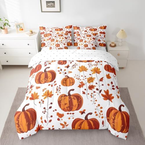 Erosebridal Autumn Pumpkins Queen Comforter Set with Sheets 7 Piece Fall Maple Leaf Bedding Set Thanksgiving Day Harvest Bed in A Bag for Kids Adults Rustic Farmhouse Bed Set with Comforter - Image 2