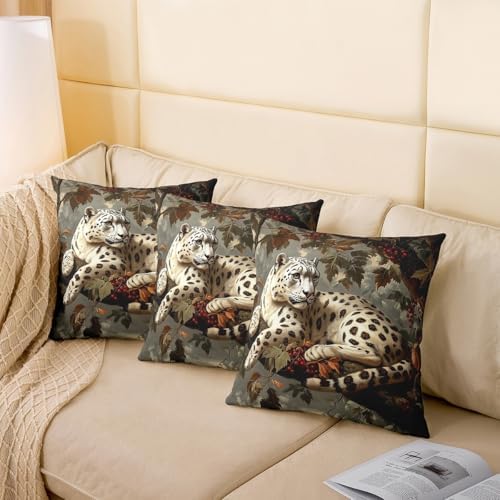 Snow Leopard Throw 16"x16" Pillow Covers 2 Pack,Rustic Jungle White Cheetah Wild Animal Double Sides Print Cushion Covers,Fall Maple Leaves Branch Red Berry Square Couch Pillow Covers - Image 4