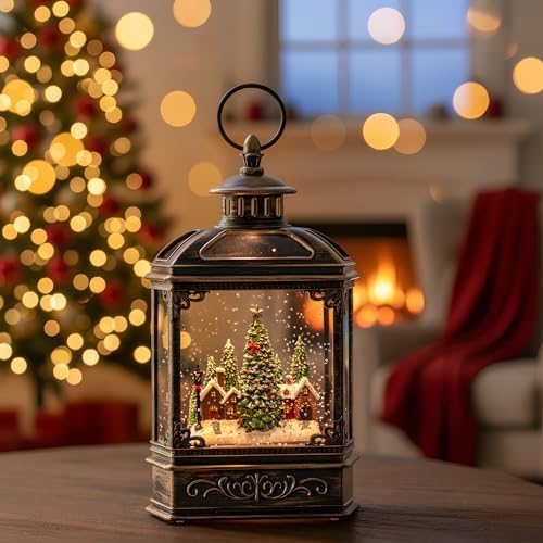 Christmas Snow Globe Lantern Water Glittering Xmas Village with Music & Timer, USB Lined/Battery Operated Lighted Lantern for Christmas Festival Decoration Gifts by Qualdout