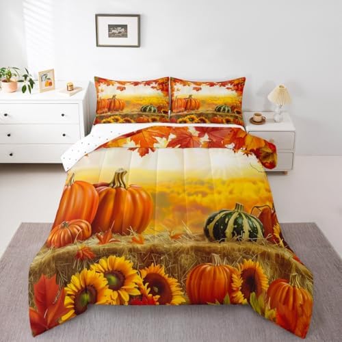Feelyou Fall Bedding Set for Girls Boys Kids King Size Maple Leaves Pumpkin Comforter Cover Room Decor Daisy Botanical Floral Printed Duvet Cover Beige Orange Yellow Quilt Set - Image 3
