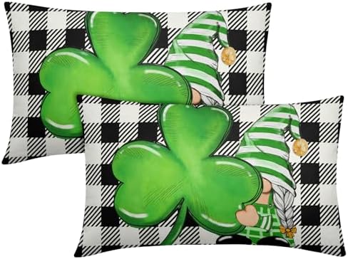 St Patricks Day Pillow Covers 12x20 Set of 2 Shamrock Clover Throw Pillow Covers Spring Pillowcase Linen Decoration Farmhouse Decorative Buffalo Plaid Gnome Cushion Case Couch for Indoor Home Decor by Trongr