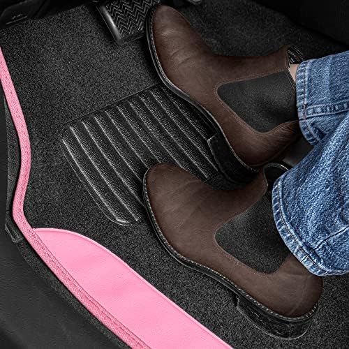 BDK Carpet Floor Mats for Cars, Two-Tone Carpet Car Mat with Faux Leather Accents, Automotive Floor Mat Sets with Built-in Heel Pad, Stylish Interior Car Accessories Pink
