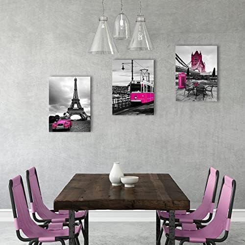 sunfrower Hot Pink Paris Canvas Wall Art Prints Bathroom Bedroom Decor Eiffel Tower Cityscape Posters for Girls Room Decorations Lover Tele Booth Bus Car Street Painting Picture Artworks 12×16" 3 Pcs - Image 2