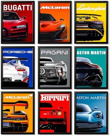 CSLGQGV Car Poster Vintage Racing Car Wall Art Supercar Canvas Prints Painting For Men Room Pictures Guys Dorm Room Aesthetics Decor Bedroom Office (Unframed,8×10inch,9pcs) Colorful car by CSLGQGV
