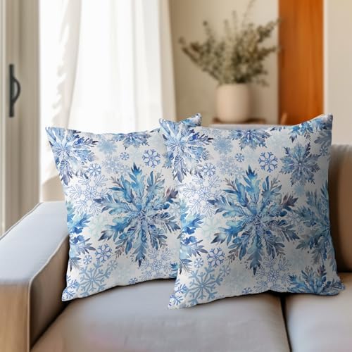 Christmas Pillow Covers 16x16 Set of 2 Decorations Blue White Snowflakes Throw Pillow Covers Decorative Vintage Winter Pillow Case Farmhouse Rustic Pillowcases Cozy Soft for Sofa Bed Chair Home Decor - Image 3