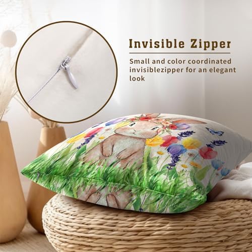 Easter Bunny with Flower Wreath Throw Pillow Covers 20X20 Inches Set of 2 Spring Colorful Tulip Butterflies Pillowcase Soft Cotton Square Seasonal Cushion Covers for Living Room Sofa Bedroom Decor - Image 4