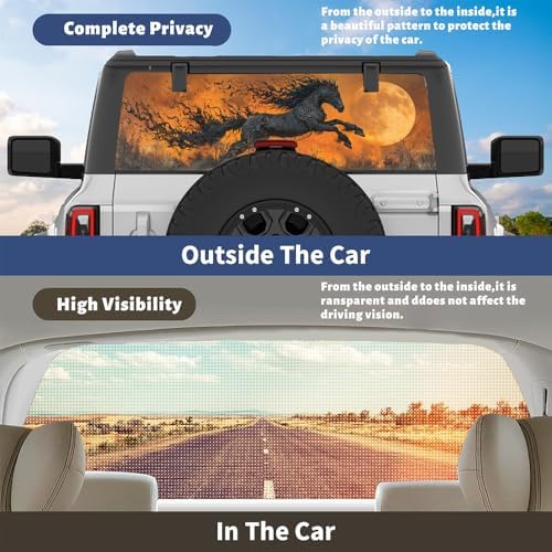 Moonlit Runing Horse Truck Rear Window Graphic Decals, Vintage Glam Fire Animal Pickup Car Window Stickers Truck Back Window Film Decal for Trucks SUV 66 x 22 inch