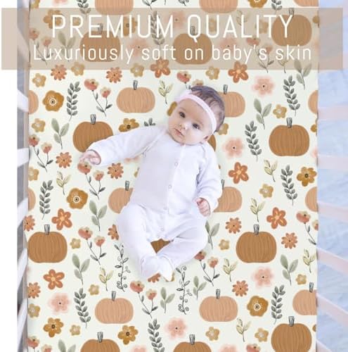 Pastel Autumn Pumpkin Flowers Baby Crib Sheets for Boy Girl Boho Pumpkin Fall Floral Retro Soft Snug Fitted Crib Mattress Covers for 52''x28'' Standard Crib & Toddler Mattress Thanksgiving Bed Sheet - Image 2