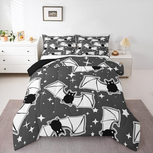 Feelyou Halloween Bedding Set for Girls Boys Kids Toddler Size Black Bats Animal Print Silhouette Comforter Cover Room Decor Happy Holiday Cute Star Print Luxury Duvet Cover Gray Quilt Set - Image 4
