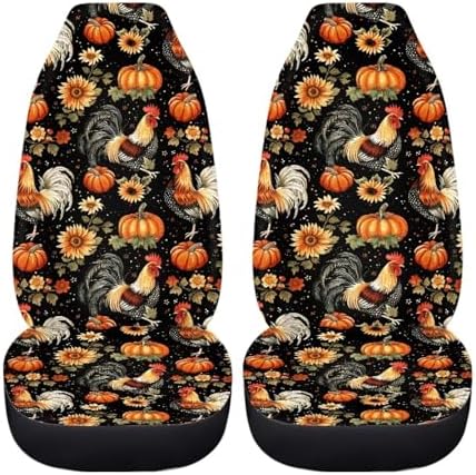 2 Pcs Chicken Harvest Pumpkin Car Seat Covers Interior Accessory Rooster Sunflowers Seat Covers for Car Front Seat,Anti Slip Easy to Install High Back Seat Protection Cushion for Women