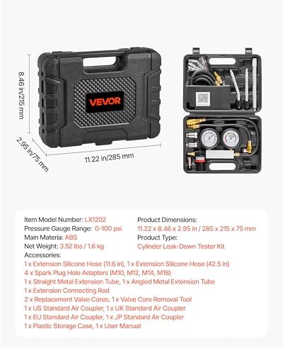 VEVOR Engine Cylinder Compression Tester Kit, Pressure Gauge Range of 0-100 PSI, Automotive Leak Down Tester Kit with 4 Adapters, 2 Metal Tubes, Pressure Check & Leakage Rate Test on Cars, Motorcycles - Image 7