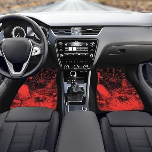 Graveyard Car Floor Mats 4PCS, Bloody Spiderweb Rubber Non-Slip Front and Rear Floor Mats, Gothic Cross Skull All Weather Heel Pad Universal Fit SUV Van Truck