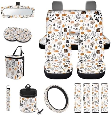 Boho Abstract Geometric Art Print 15Pcs Car Seat Cover Full Set Car Steering Wheel Cover Seat Belt Cover Trash Bin Air Vent Storage Box Front Rear View Mirror Car Cup Holder Keychain