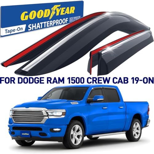 Goodyear Chrome Trim Window Deflectors for Dodge Ram 1500 2019-2026 Crew Cab, Shatterproof Tape-on Rain Guards, Window Visors, Vent Deflector Visor,Car Accessories, 4 pcs - GY008852