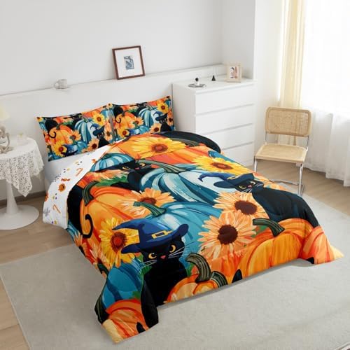Black Cat Decor Bedding Comforter Sets Halloween Pumpkin Bedding Blue Pumpkin Decor Comforter Set for Girls Boys, Sunflower Gifts for Women Duvet Insert with 2 Pillowcases for Youth Teens, Full - Image 4