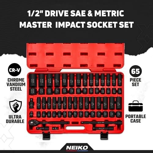 NEIKO 02448A 1/2" Drive Master Impact Socket Set, 65 Piece, Standard SAE (3/8"-1-1/4") & Metric (10-24 mm) Sizes, Deep & Shallow Kit, Includes Adapters & Ratchet Handle - Image 2