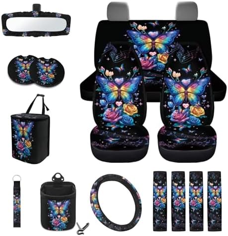Butterfly Rose Car Seat Covers 15Pcs Full Set Car Steering Wheel Cover Seat Belt Cover Trash Bin Air Vent Storage Box Rear View Mirror Car Cup Holder Keychain Music Notes Print