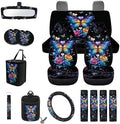 Butterfly Rose Car Seat Covers 15Pcs Full Set Car Steering Wheel Cover Seat Belt Cover Trash Bin Air Vent Storage Box Rear View Mirror Car Cup Holder Keychain Music Notes Print
