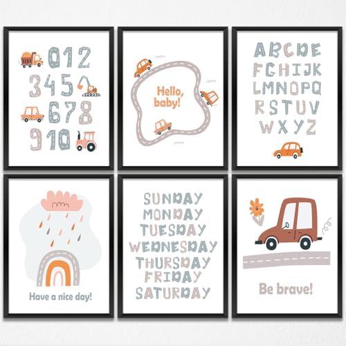 Cute Transportation Vehicle Art Car Prints Wall Art Nursery Decor Boys Room Decor Track Road Alphabet Posters Artwork for Home Son Bedroom Playroom Nursery Wall Decoration (8"x10"，6Pcs, Unframed) by Gubrandin