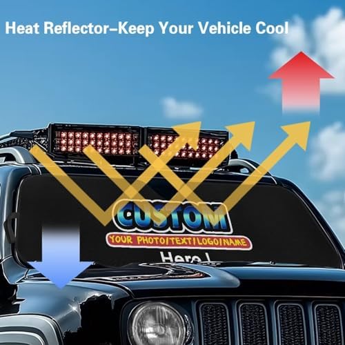 Renewold Custom Personalized Windshield Sun Shade, Add Your Own Photo Foldable Car Front Window Sunshade, Suitable for Jeep Wrangler Gladiator, Customized Sun Visor Block UV Rays Keeps Vehicle Cool