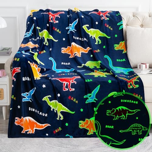 Jekeno Dinosaur Glow in The Dark Blanket Dino Gift Throw for Kids Boys Girls Birthday Christmas Halloween Easter Decor for Age 1-16 Years Old Teens Child Toddler Son Throw Navy Blue 50"x60" by Jekeno