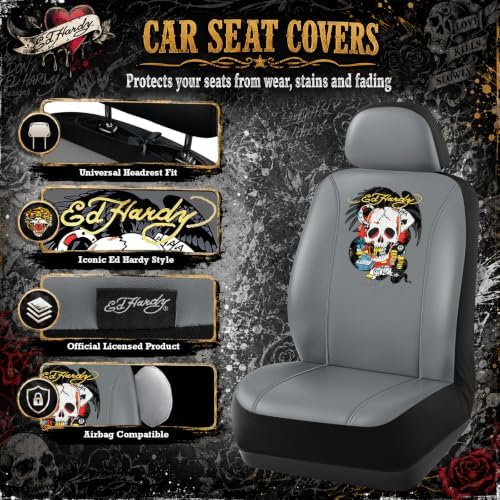 ED HARDY Casino Skull Car Seat Covers, Gray Premium Leather Seat Covers