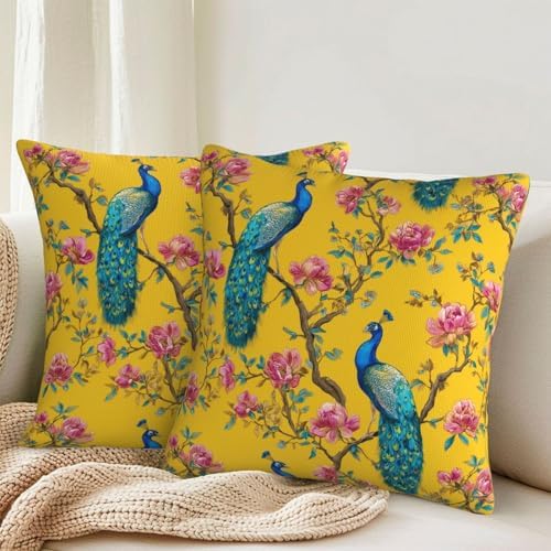 KiuLoam Chinoiserie Peacock Pillow Covers 24x24 Inch Set of 2, Vintage Floral Bird Yellow Decorative Throw Pillows, Rustic Farmhouse Outdoor Square Cushion Cases for Sofa Couch Bed Home Decor - Image 2