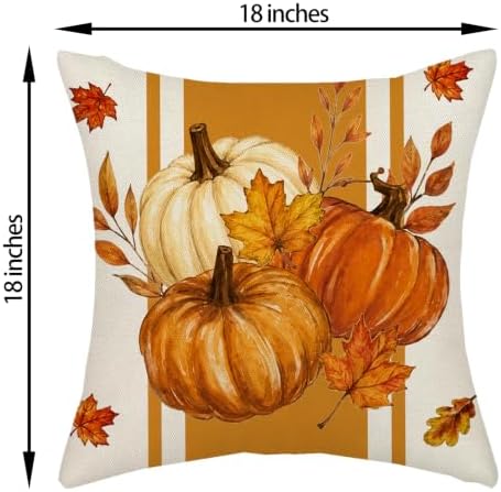 Fall Orange White Pumpkin Pillow Covers 18x18 Set of 2 Stripes - Image 2