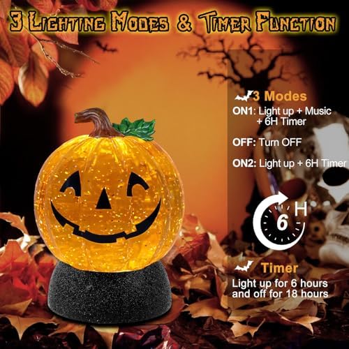 Halloween Snow Globe Lantern Pumpkin Lighted Halloween Snow Globes Battery Operated or USB Powered with 6H Timer Musical Snow Globe Glitter for Spooky Party Home Table Decorations (Pumpkin) - Image 4