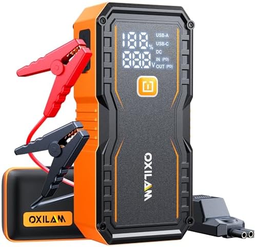 OXILAM 24000mAh Jump Starter for All Gas & Diesel Engines, 10000A Battery Jumper Starter Portable, 12V Jump Box with Quick Charger, Extended Jumper Cable, LED Display, USB, DC, Type C Port & LED Light by OXILAMDIRECT