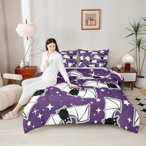 Feelyou Halloween Bedding Set for Girls Boys Kids King Size Black Bats Animal Print Silhouette Comforter Cover Room Decor Happy Holiday Cute Star Print Luxury Duvet Cover Light Purple Quilt Set - Image 5