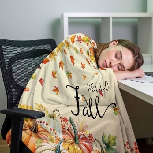 DecorLovee Orange Hello Fall Blanket 50"x60", Reversible Thanksgiving Pumpkins Throw Blanket for Couch/Bed/Camping, Maple Leaf Lightweight Soft Throw Blankets for Women, Warm Fuzzy Blankets for Winter - Image 7