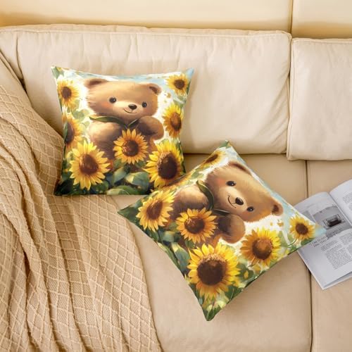 Manfei Lovely Bear Pack of 2 Pillow Covers,Rustic Sunflower Farmhouse Floral Soft Square 18"x18" Cushion Case,Cute Animal Oil Paint Style Throw Pillow Covers,Double Sides - Image 2