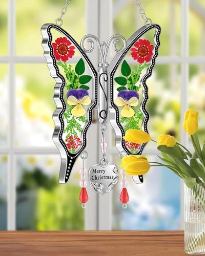 KY&BOSAM Butterfly Suncatcher Merry Christmas Stained Glass Ornaments for Window Hanging Wind Chime with Pressed Flower Between Wings Glass and Metal Charm Gifts for Women Mom - Image 3